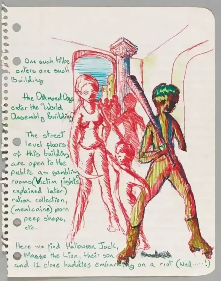 David Bowie's sketch and notes for Diamond Dogs film, 1975